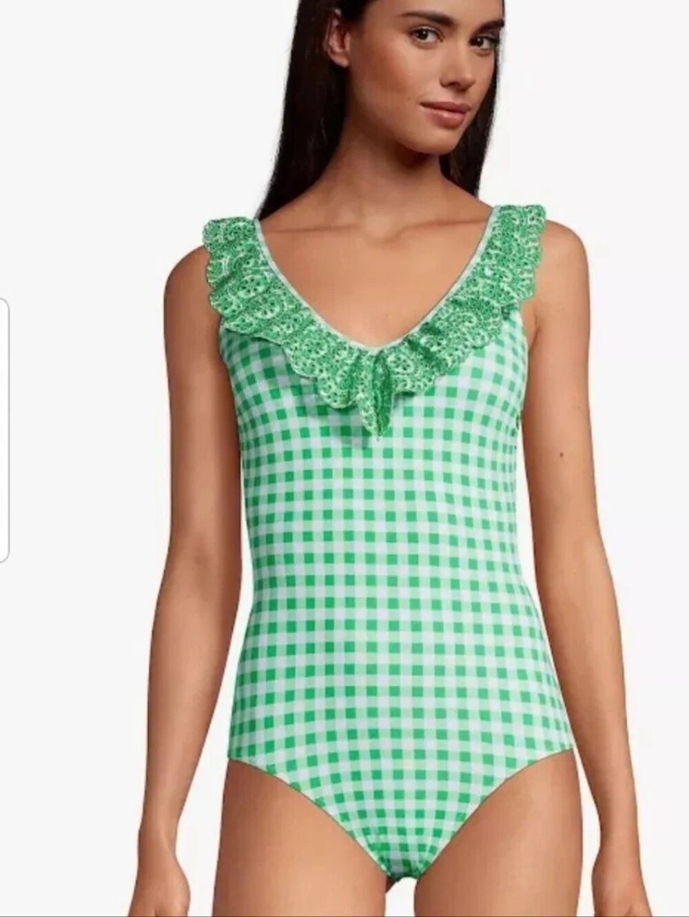 Lands End Draper James Green Gingham Ruffle One Piece Swimsuit New Sz 12
